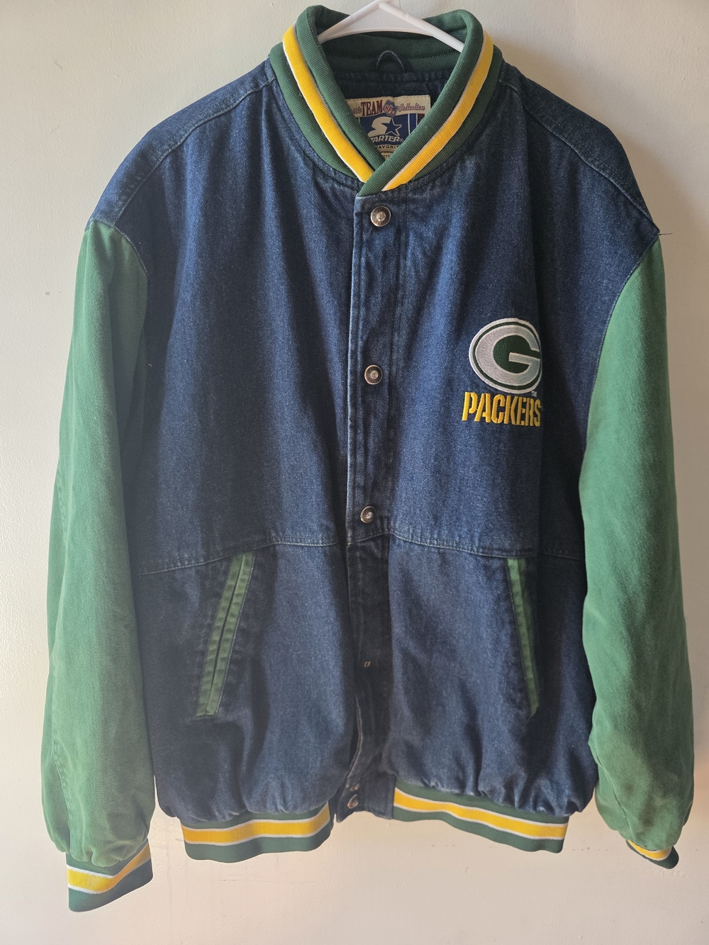 Vintage STARTER Green Bay Packers Starter Quilted Lined Denim Jacket Size L NFL